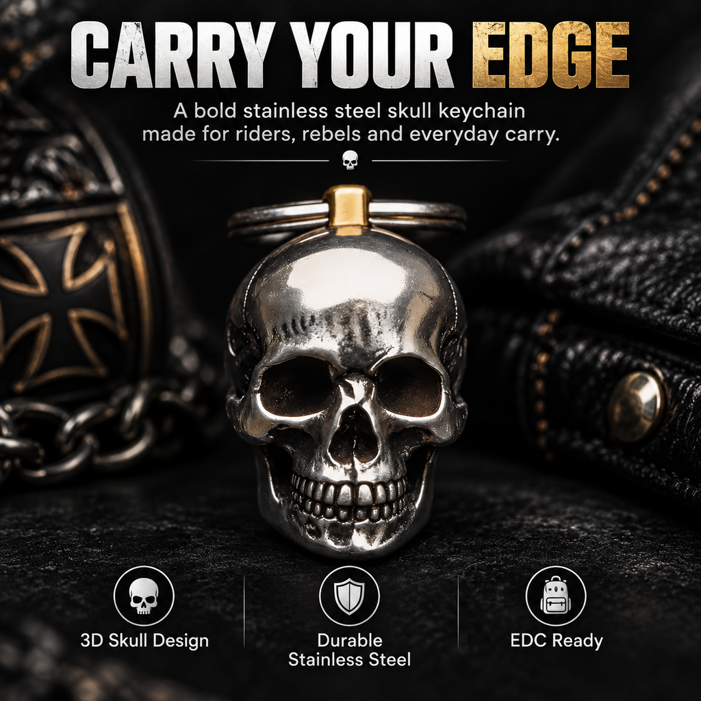 🔑SkullForge – 3D Steel Skull Keychain, Gothic Biker EDC Key Ring