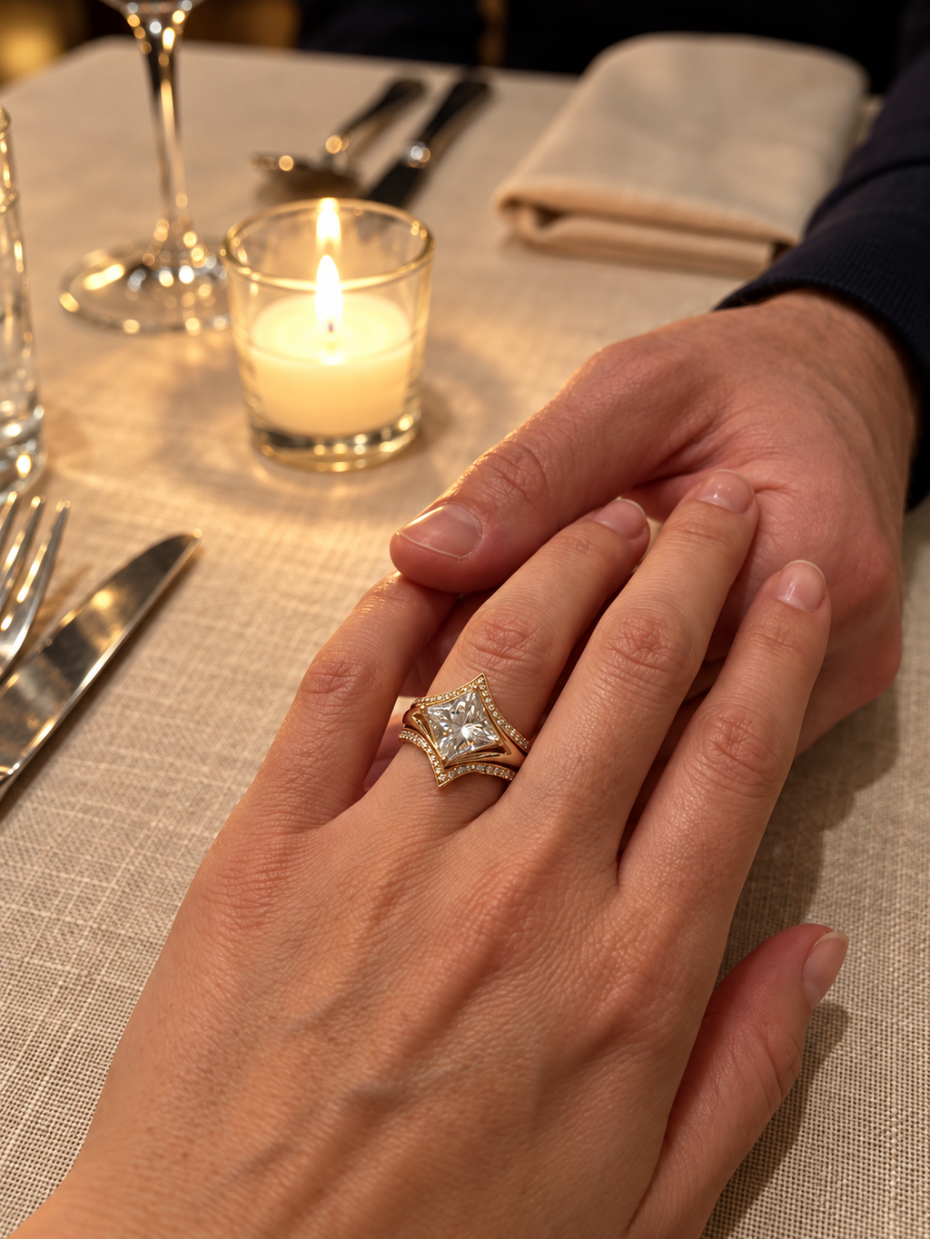 Two hands together at a candlelit dinner, ring set visible