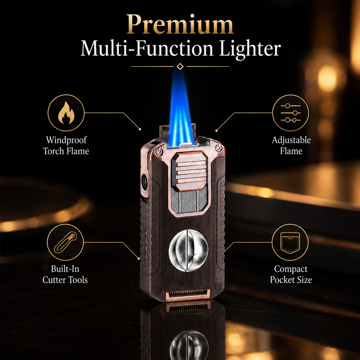 TriFlame – Vintage-Inspired Refillable Triple Torch Lighter with Built-In Tools