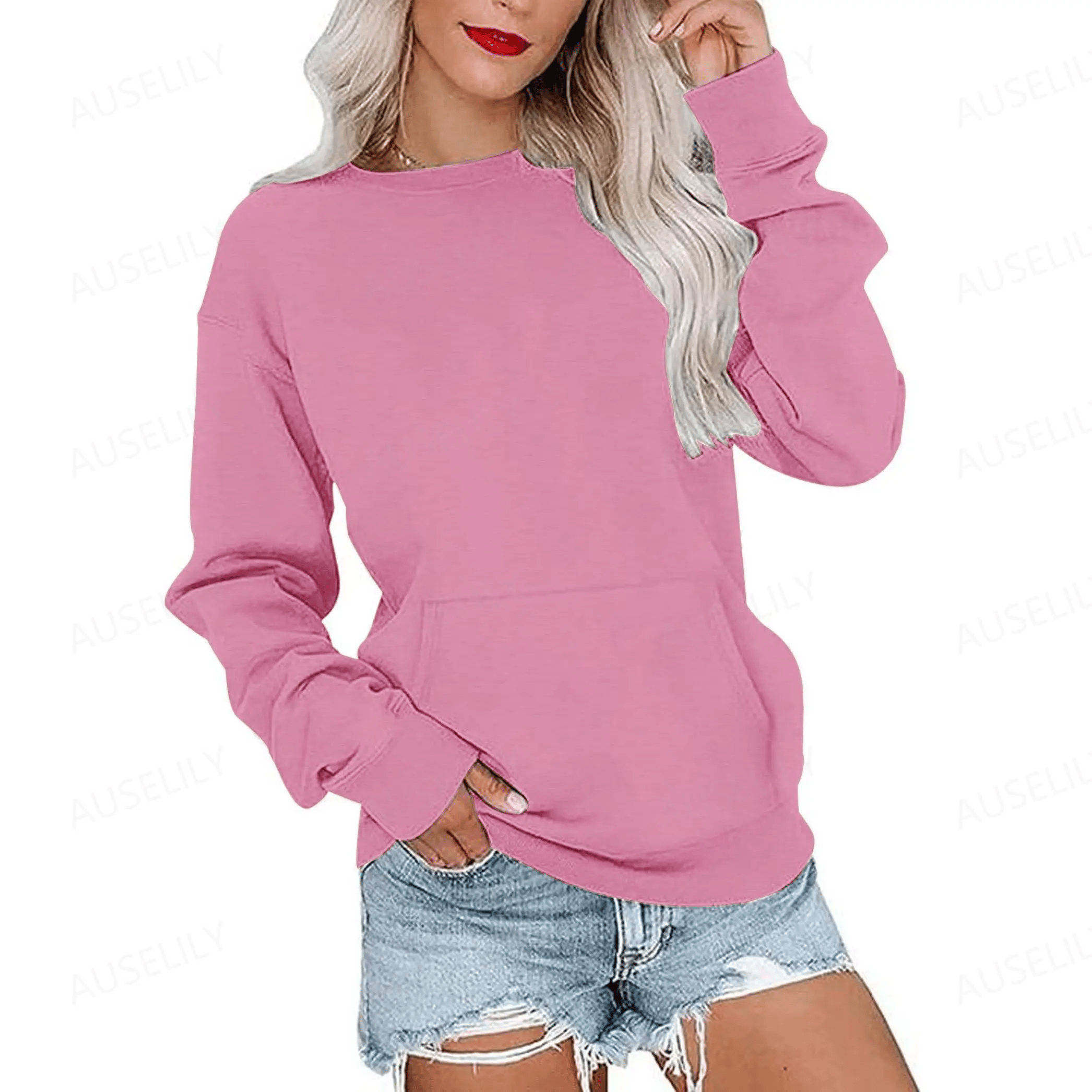 AUSELILY Women's Crewneck Hoodless Sweatshirt With Kangaroo Pocket Fleece Longsleeve Oversized Casual Style Shirt Lightweight Pullover 2026
