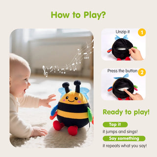 Crawling Musical Dancing Bouncing Learning Bee Plush,Abeja que baila/Abeja que canta/ Interactive,48 Songs & Repeat what you say,Tummy Time Toy infant toy for Birthday 0-3 Months/6-12 Months,Cute Gifts Play
