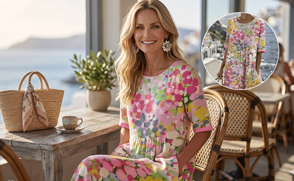 AquaBloom A-Line - Watercolor Midi Dress with Hidden Pockets