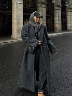 Fashion Dark Grey Stripe Lapel Double Breasted Overcoats