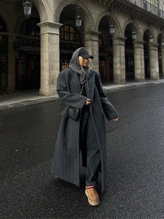 Fashion Dark Grey Stripe Lapel Double Breasted Overcoats Dark gray / S