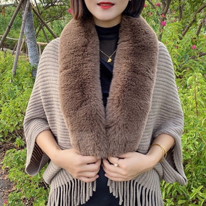 Knitted Fringed Fur-Neck Shawl marnetic