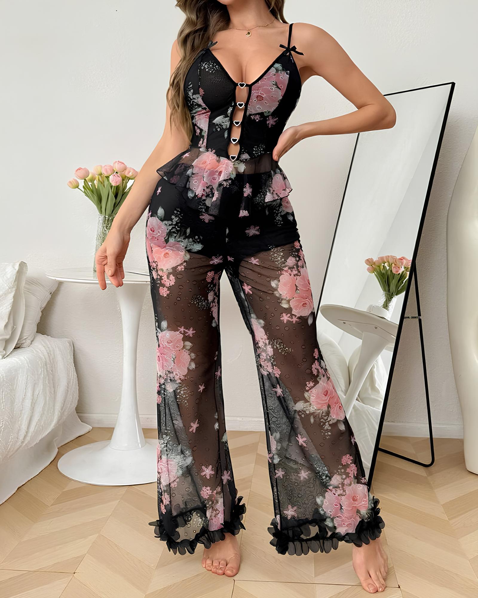 BlushAura – Delicate Mesh Floral Nightwear Set
