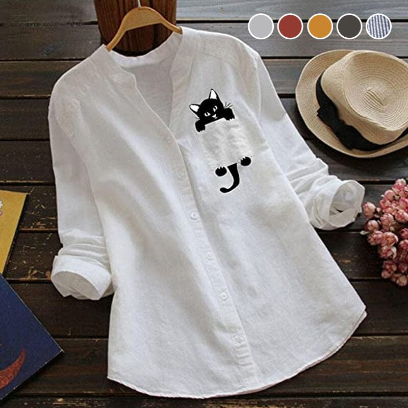 CatCharm – Cotton V-Neck Cat Print Blouse