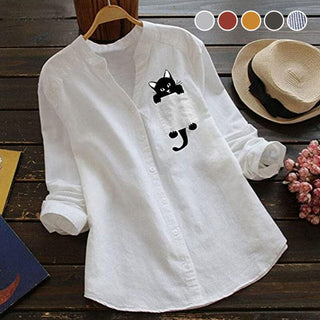 CatCharm – Cotton V-Neck Cat Print Blouse