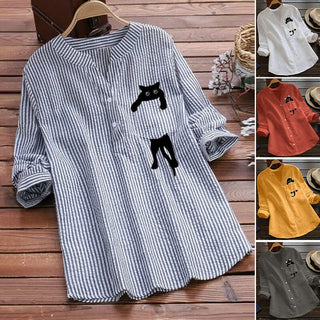 CatCharm – Cotton V-Neck Cat Print Blouse