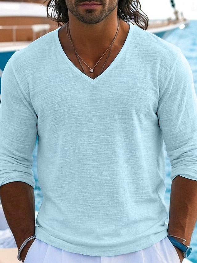 Men's Tee Top Linen T-Shirt Long Sleeve V Neck Spring & Summer Summer Spring Solid Color Plain Textured Daily Casual Street Style Plain Casual Outdoor Street Blue White Lake blue Top Tee for Men
