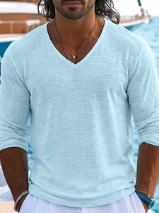 Men's Tee Top Linen T-Shirt Long Sleeve V Neck Spring & Summer Summer Spring Solid Color Plain Textured Daily Casual Street Style Plain Casual Outdoor Street Blue White Lake blue Top Tee for Men