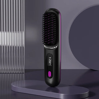cordless heated brush standing upright on display surface for easy hair straightening