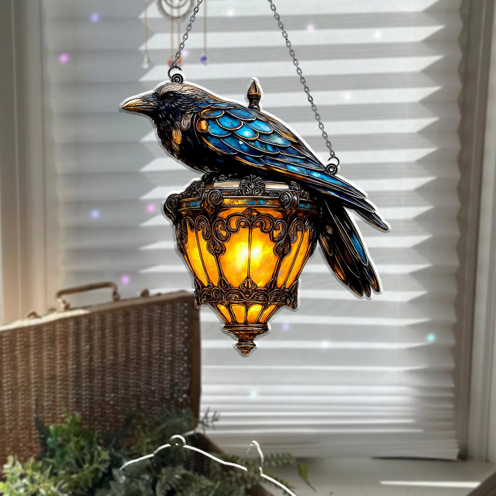 RavenGlow – Faux Stained Glass Crow Lantern Suncatcher