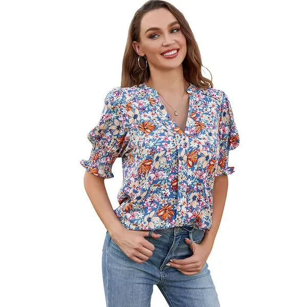 BreezyMuse - V Neck Puff Sleeve Boho Floral Blouse