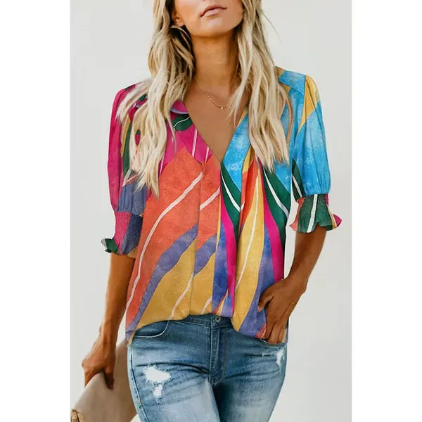 BreezyMuse - V Neck Puff Sleeve Boho Floral Blouse