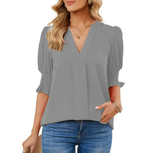 BreezyMuse - V Neck Puff Sleeve Boho Floral Blouse