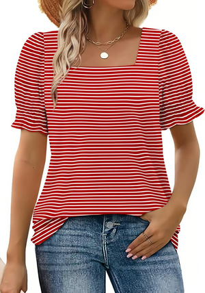 StyleMuse – Square Neck Smocked Sleeve Casual Top