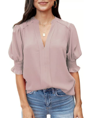 BreezyMuse - V Neck Puff Sleeve Boho Floral Blouse