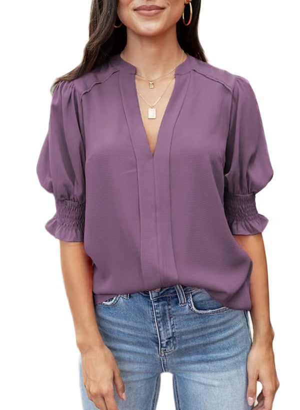 BreezyMuse - V Neck Puff Sleeve Boho Floral Blouse