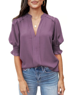BreezyMuse - V Neck Puff Sleeve Boho Floral Blouse