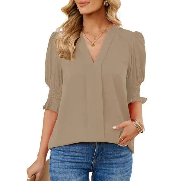 BreezyMuse - V Neck Puff Sleeve Boho Floral Blouse
