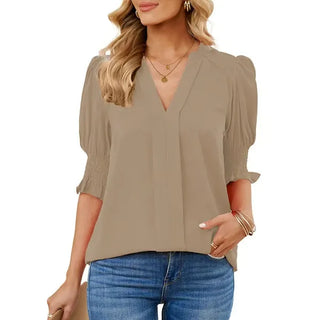 BreezyMuse - V Neck Puff Sleeve Boho Floral Blouse