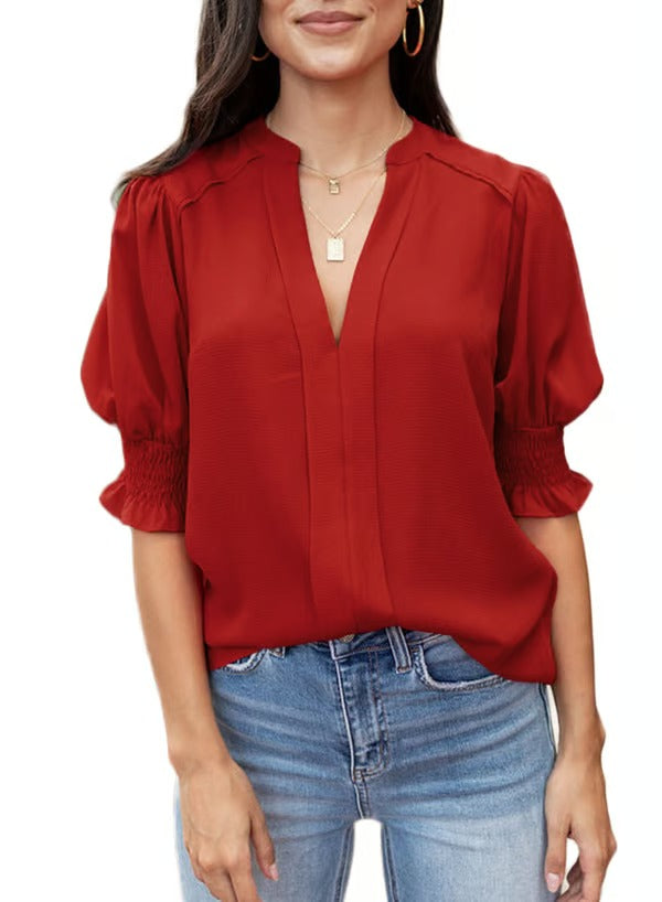 BreezyMuse - V Neck Puff Sleeve Boho Floral Blouse