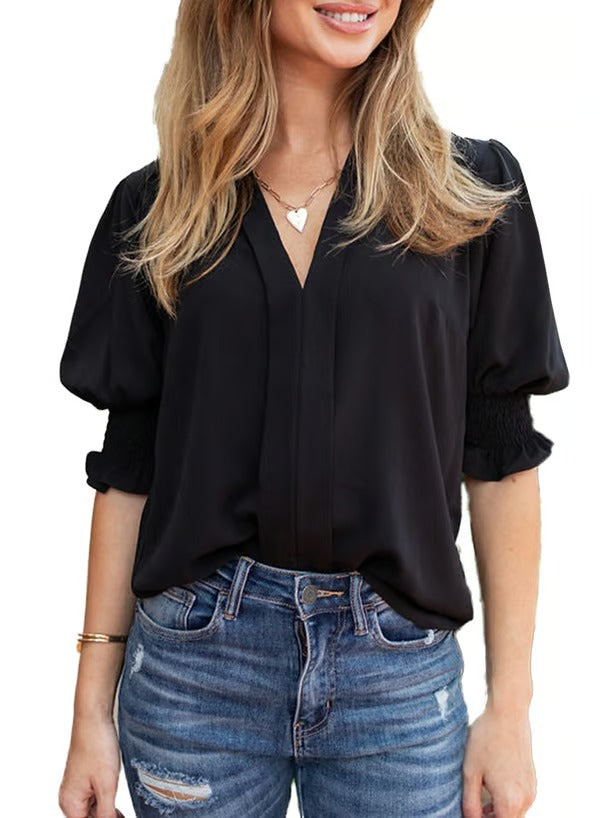 BreezyMuse - V Neck Puff Sleeve Boho Floral Blouse