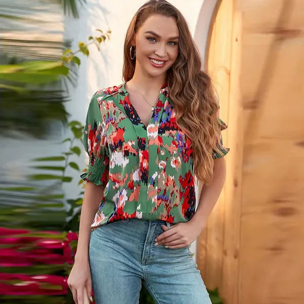 BreezyMuse - V Neck Puff Sleeve Boho Floral Blouse