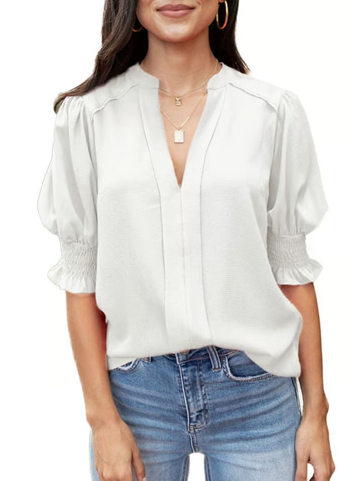 BreezyMuse - V Neck Puff Sleeve Boho Floral Blouse