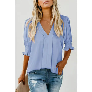BreezyMuse - V Neck Puff Sleeve Boho Floral Blouse