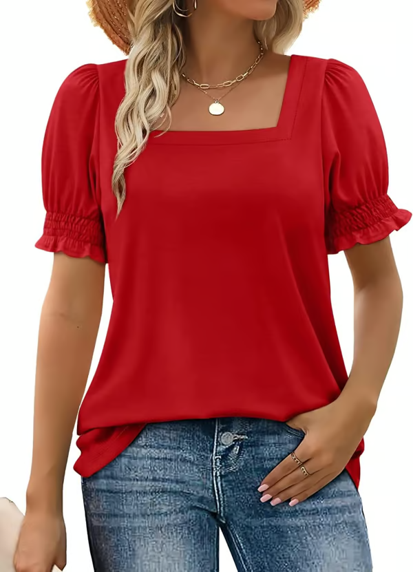 StyleMuse – Square Neck Smocked Sleeve Casual Top