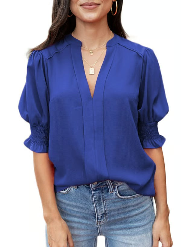 BreezyMuse - V Neck Puff Sleeve Boho Floral Blouse