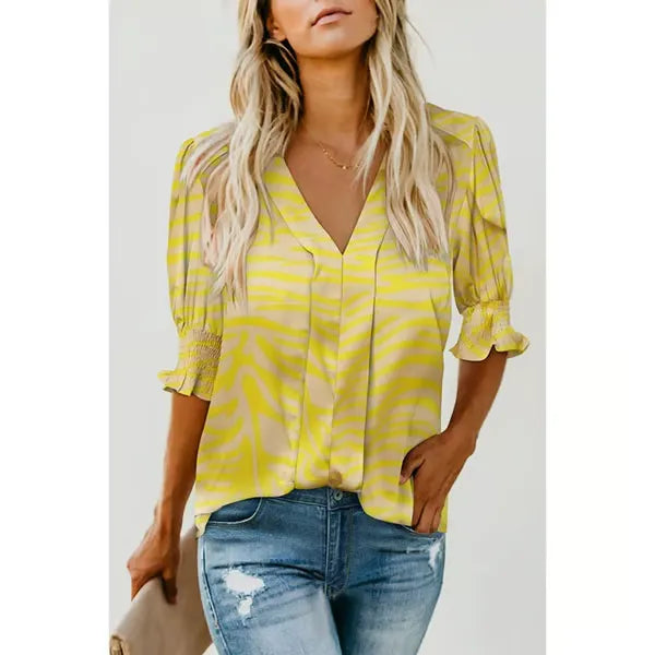 BreezyMuse - V Neck Puff Sleeve Boho Floral Blouse