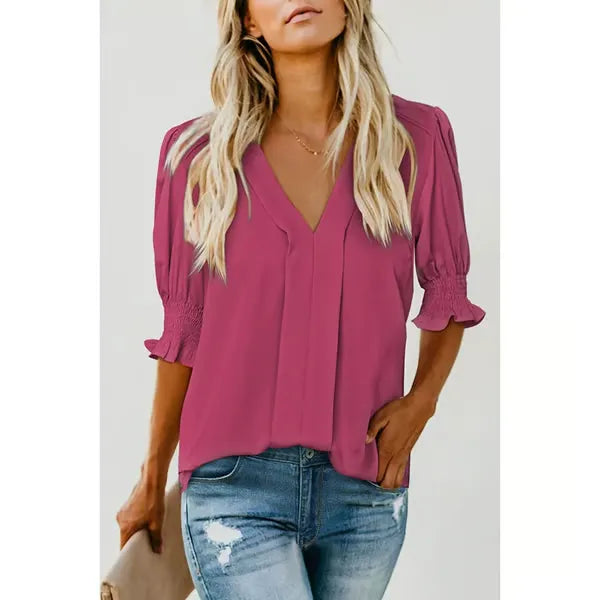 BreezyMuse - V Neck Puff Sleeve Boho Floral Blouse