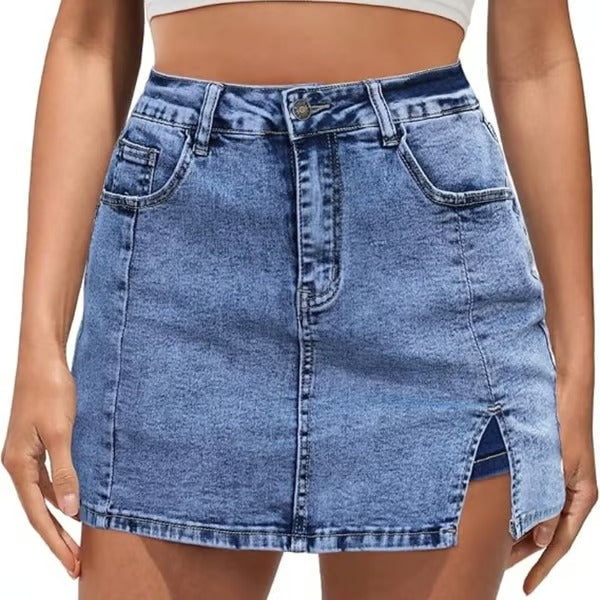 SlitChic – High-Waisted Denim Skort with Stretch