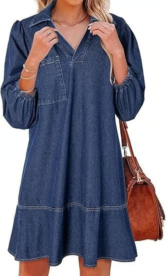 IndigoCharm – V Neck Casual Denim Dress