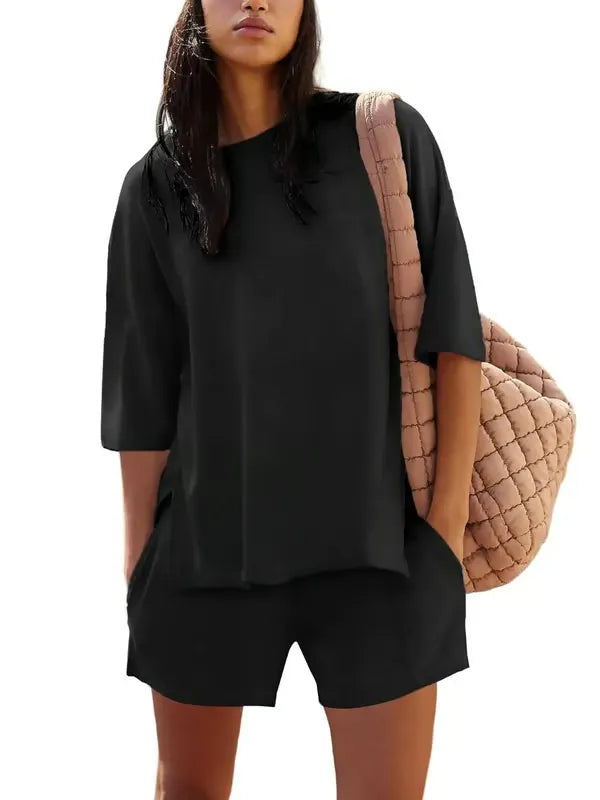 ChicBreeze – Solid Color Slit Top & Shorts Set