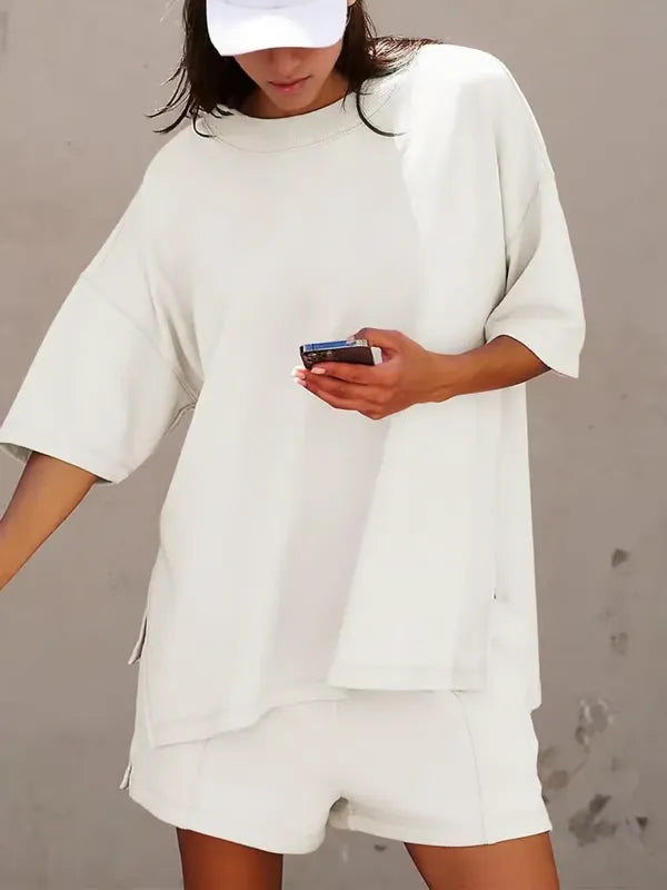 ChicBreeze – Solid Color Slit Top & Shorts Set