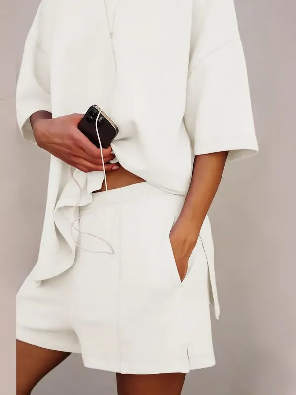 ChicBreeze – Solid Color Slit Top & Shorts Set