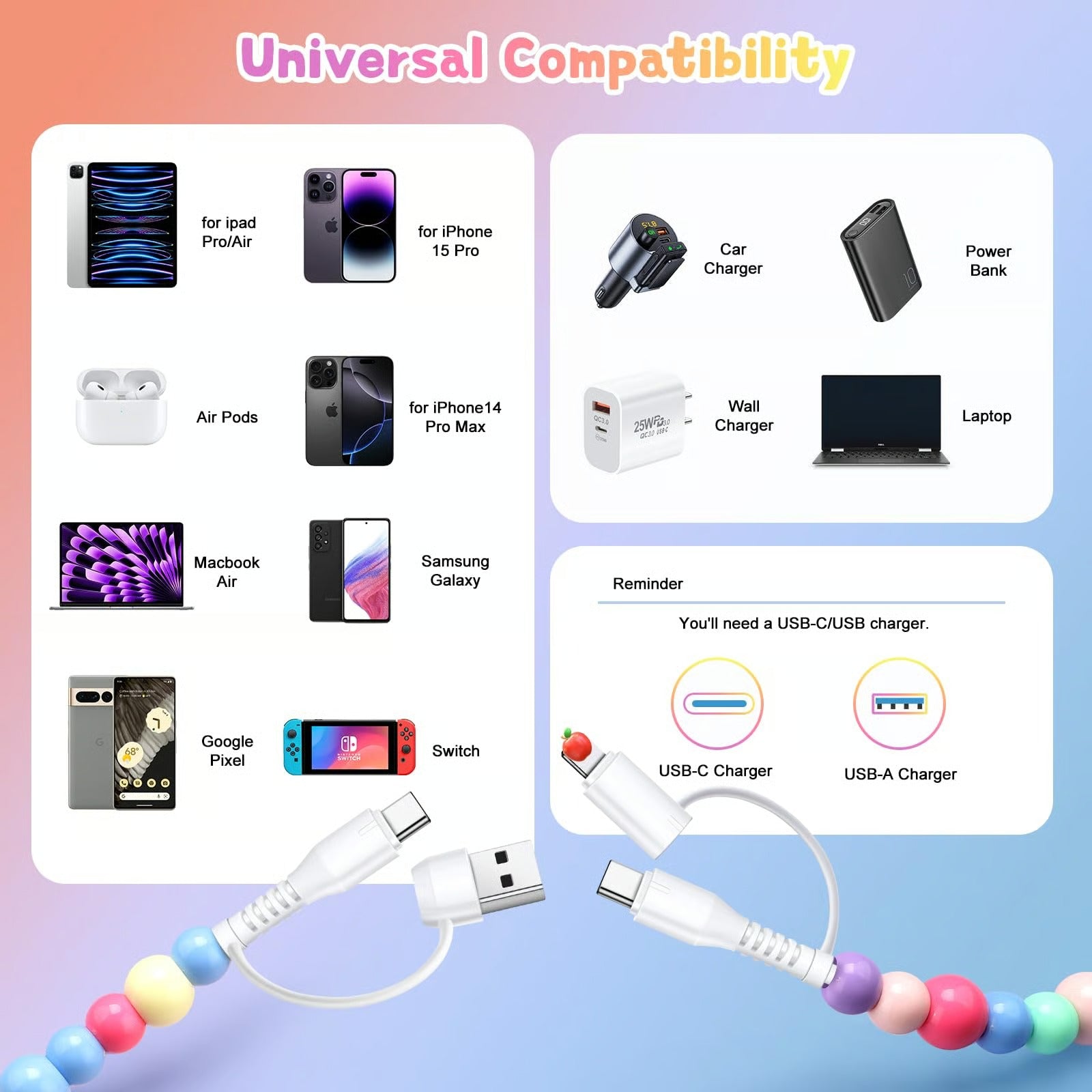 VoltGleam – 66W Beaded Multi Charging Cord