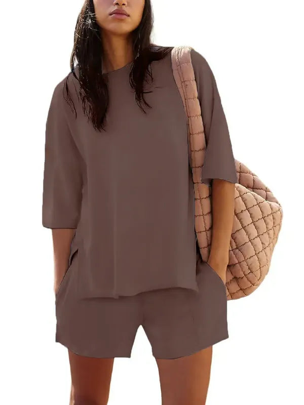 ChicBreeze – Solid Color Slit Top & Shorts Set