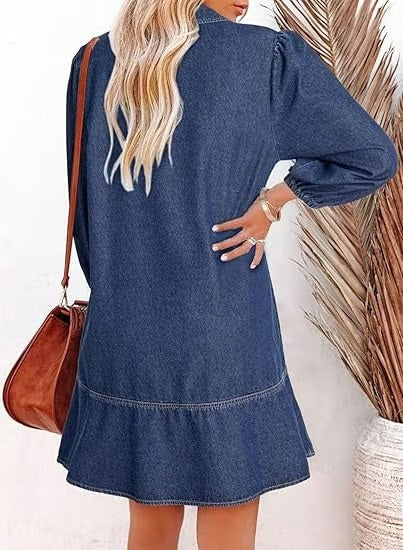 IndigoCharm – V Neck Casual Denim Dress