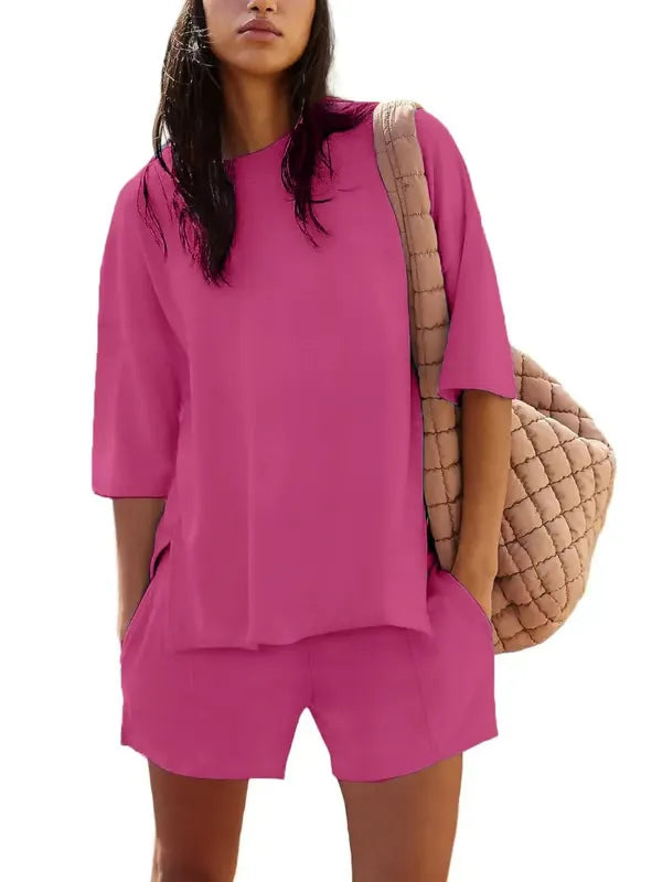 ChicBreeze – Solid Color Slit Top & Shorts Set