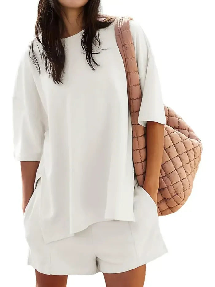 ChicBreeze – Solid Color Slit Top & Shorts Set