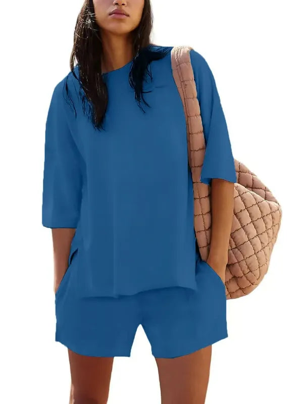 ChicBreeze – Solid Color Slit Top & Shorts Set