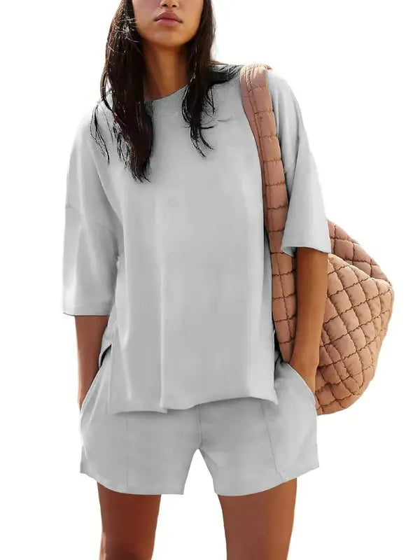 ChicBreeze – Solid Color Slit Top & Shorts Set