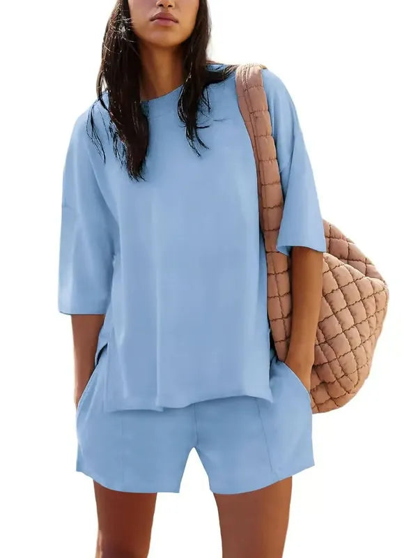 ChicBreeze – Solid Color Slit Top & Shorts Set