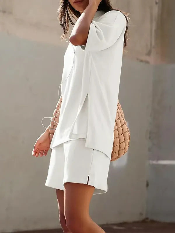 ChicBreeze – Solid Color Slit Top & Shorts Set
