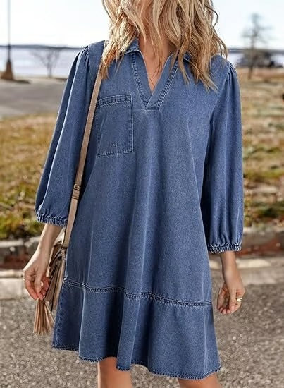 IndigoCharm – V Neck Casual Denim Dress